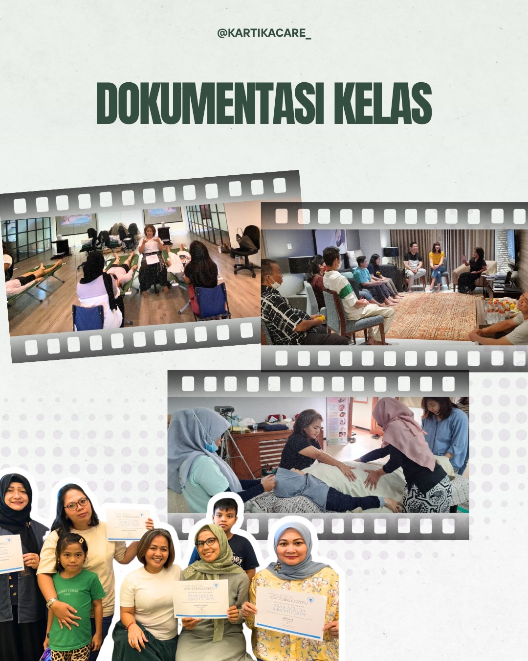 Dokumentasi kegiatan dan jadwal kelas Access Bars Kartika Care di berbagai kota